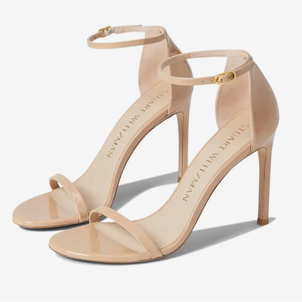 Stuart Weitzman NudistSong Stiletto Sandals Heels Adobe Aniline Patent Leather